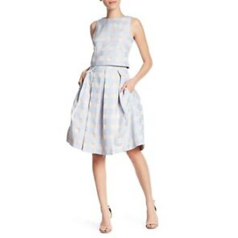 Eliza J Blue & Tan Checked Pleated Windowpane Midi Skirt Semiformal Sz 6